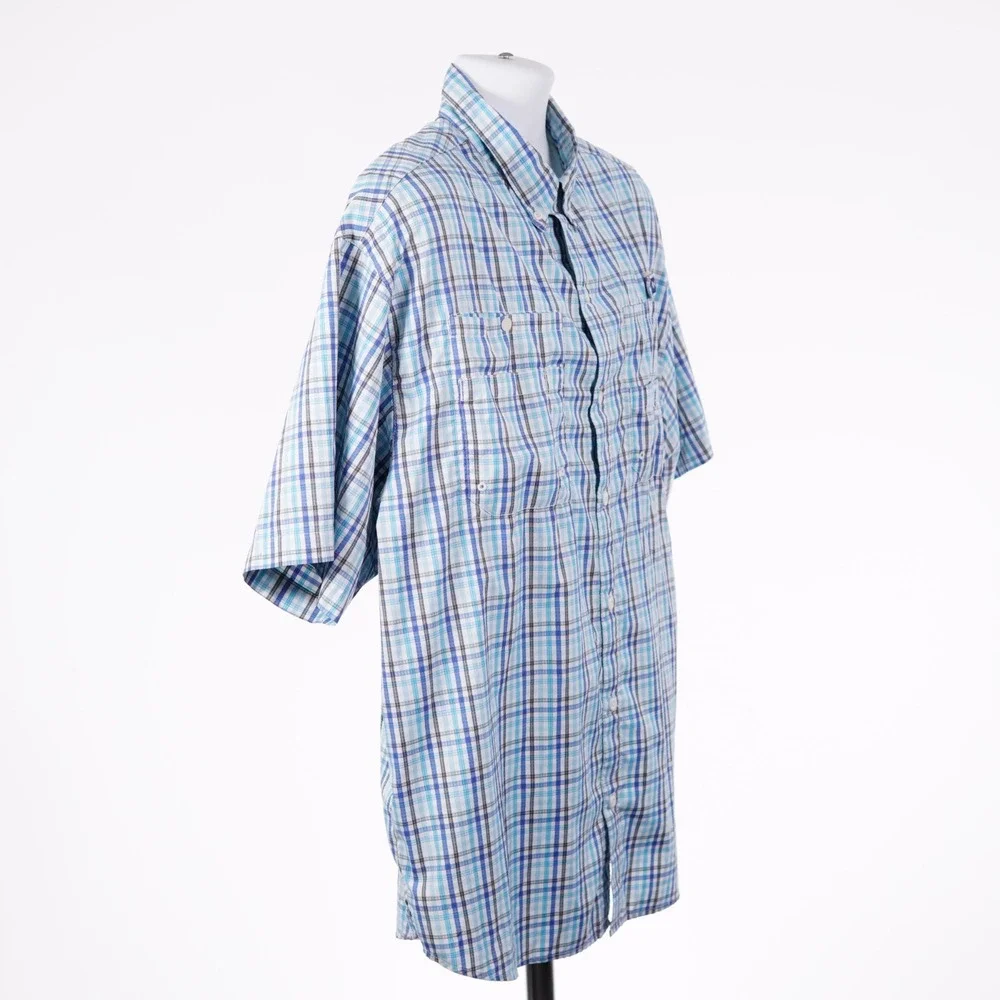 Columbia Super Tamiami Mens XL Blue White Plaid Vented Fishing Shirt Button Down
